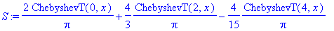 S := 2/Pi*ChebyshevT(0,x)+4/3*1/Pi*ChebyshevT(2,x)-4/15*1/Pi*ChebyshevT(4,x)